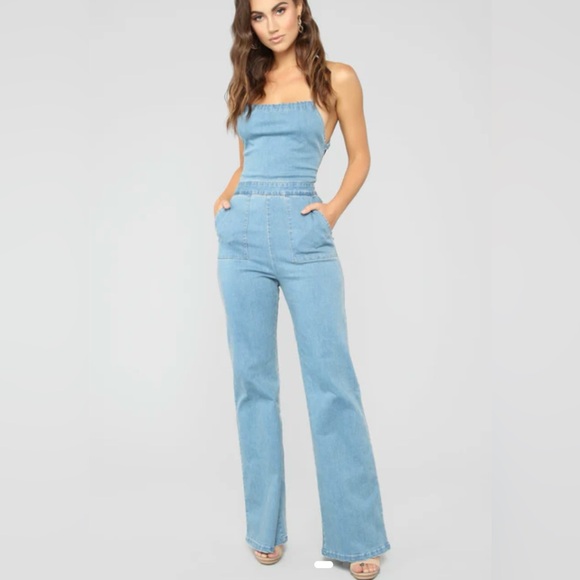 Fashion Nova Cute Back Story Denim Jumpsuit- Light Blue Wash - Small - Picture 1 of 13